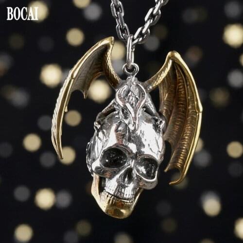 BOCAI New 2021 Trendy Real s925 Silver Jewelry Retro Punk Style Rock Character Flying Dragon Skull Man Pendant