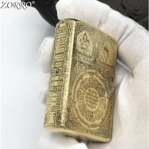 Original Zorro Kerosene Lighter Pure Copper Shell Brass Carving Chinese Style Business Gift Collection Outside Ignition Tool