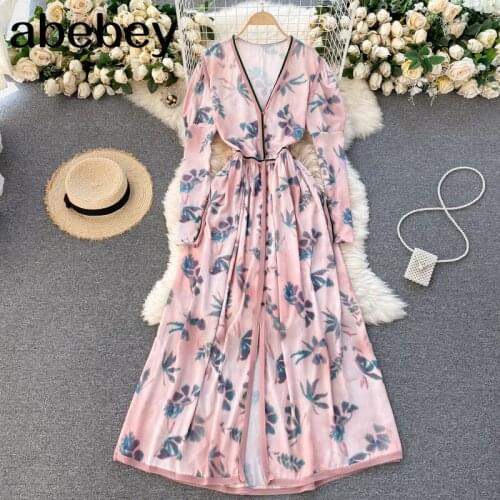 French Print Maxi Dress Women Retro Puff Sleeve V Neck Single Breasted A-line Dress Spring Bohemian Casual Long Dress