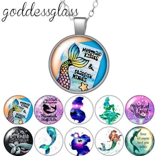 Love Mermaid Beauty Fishtail Faith Round Glass glass cabochon silver plated/Crystal pendant necklace jewelry for Gift