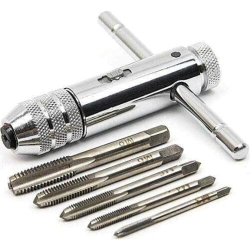 Adjustable T-Handle Ratchet Tap Holder Wrench + 5pcs M3-M8 Machine Screw Thread Metric Plug Tap