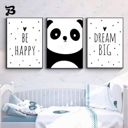 Cute Panda Wall Art Canvas Painting Panda and Letters Be Happy Posters and Prints Nordic for Kids Bedroom Wall Pictures Decor