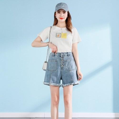 001 Women Shorts Jeans Breasted Unique Patchwork Pockets Loose Thin Youth Fashion Student Basic Turned Edge Short Trousers Daily