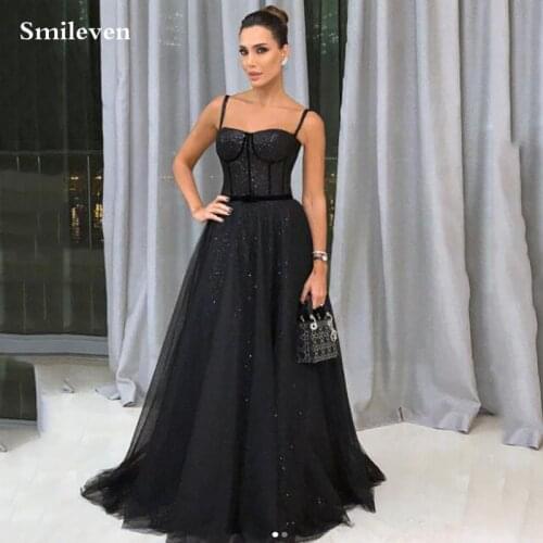 Smileven 2021 Sparkly Black Sequins A Line Long Evening Dresses Spaghetti Straps Sweetheart Corset Formal Prom Gowns