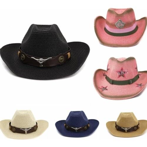 Men Hat Cowboy Western Straw Panama Hat Belt Cow Decorate Wide Brimmed Hats For Summer Male Hat Women Pink Cowgirl Hats