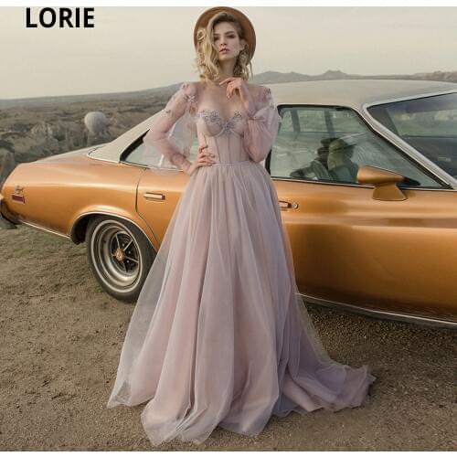 LORIE Dusty Rose Princess Wedding Dresses Puffy Sleece Bridal Gowns Lace-up 3D Flowers Beading Beach Wedding Gowns Boho 2020