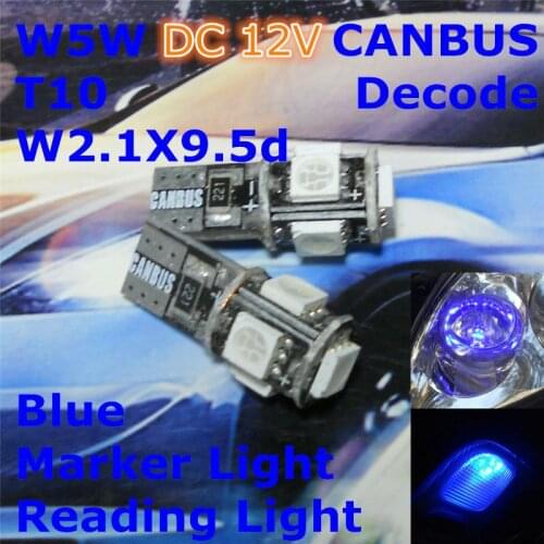 12V LED CANBUS Decode Blue Color LED Car Bulb Lamp T10(5*5050 SMD) W5W W2.1X9.5d for Clearance Width Light