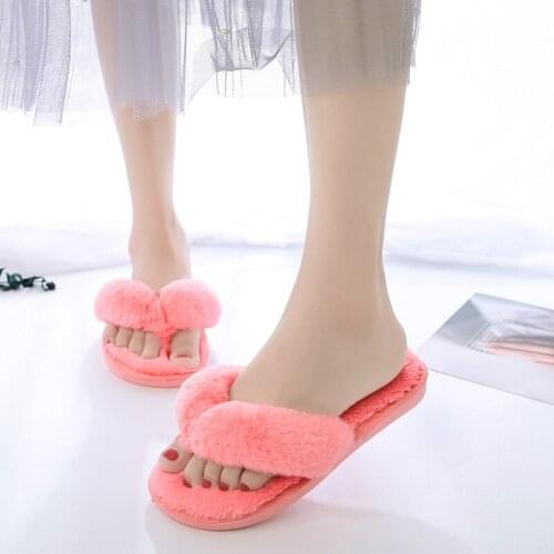 Autumn Winter Cotton Slippers Flip Flops Rabbit Fur Home Indoor Slippers Warm Womens Plush Floor Slides Ladies EU 36-41 PW158