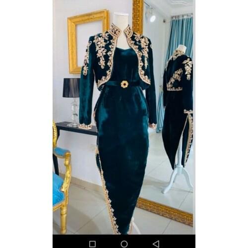 Karakou Algerien Hunter Green Evening Formal Dresses with Long Sleeve Jacket 2021 Gold Embroidery Slit Occasion Prom Gown