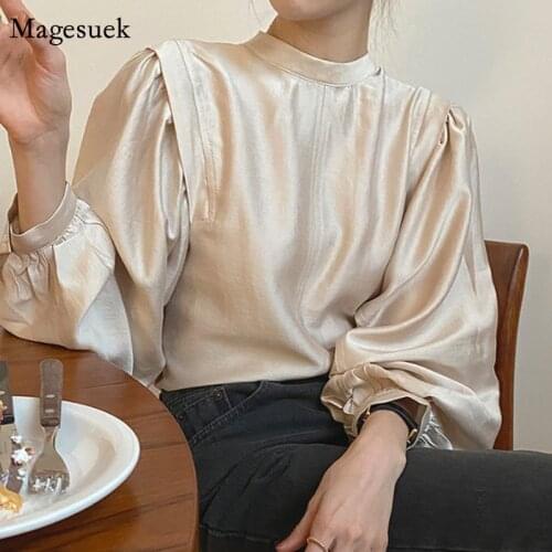 Spring O-neck Loose Pleated Shirt 2021 Autumn Puff Sleeve Bottoming Womens Tops Splicing Blouse Plus Size Women Clothing 12424