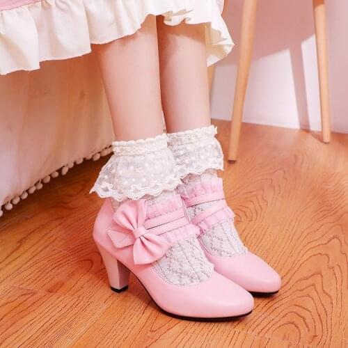 YQBTDL Summer 2020 Lace Ruffles Bowtie Party Wedding Bride White Pink Lolita Shoes Hook Mary Jane Block High Heel Shoes Pumps 42