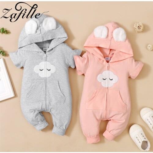 ZAFILLE Cartoon Rabbit Ears Hairball Cute Clothes For Newborns Jumpsuit For Kids Smile Could Zipper Hooded Babys Rompers