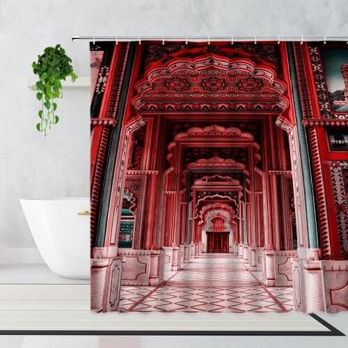 Retro Arch Door Shower Curtain Moroccan Architecture 3D Fabric Printing Bathroom Decoration Waterproof Bath Curtains With Hooks