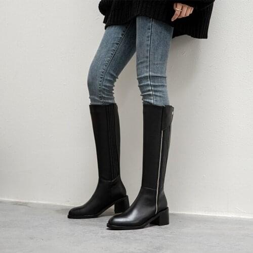 QZYERAI 2021 New Elegant Fashion Winter Newest Knee High Boots Genuine Leather Square Toe Thick Heels Pumps Party Shoes Woman