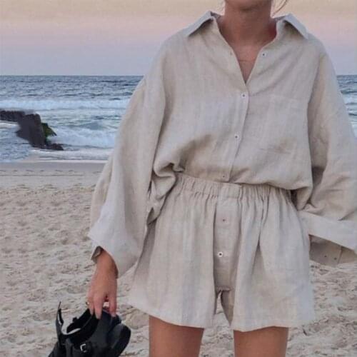 Oversized Summer Casual Linen Solid Shorts Women Set Loose Single-breasted Shirt and Elastic Waist Trousers Ladies 2 Pieces Sets