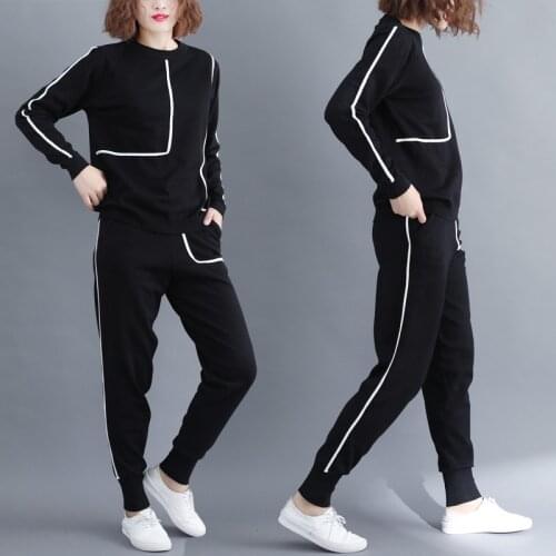 Spring Autumn Knitted Fashion Suit Large Size Loose Stitching Two-Piece Female Round Neck Pullover Blouse+Elastic Waist Trousers