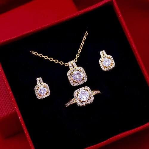 Fashion Bridal Jewelry Set 5A Zircon Gem Pendant Chain Choker Necklace for Women Gold Color Stud Earring Statement Wedding Ring