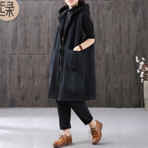 New Spring Autumn Women Vest Plus Size Casual Loose Big Pockets Solid Zipper Hooded Denim Vest Coat For Female Jeans Outerwear