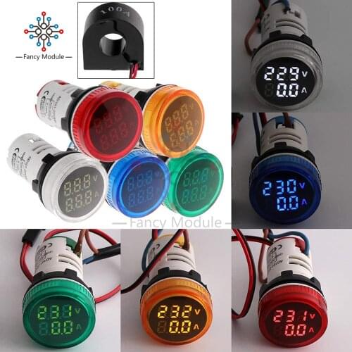 22mm Circle Panel Mini LED Digital Voltmeter Ammeter AC 50-500V 0-100A Current Voltage Indicator Meter Volt Amp Tester Detector
