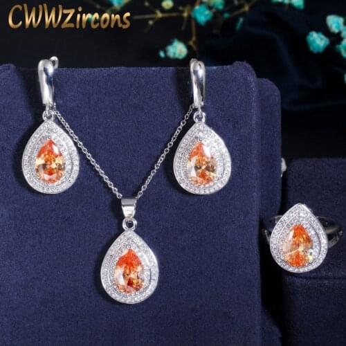 CWWZircons Very Shiny Trendy Champagne Yellow Water Drop Cubic Zirconia Crystal Elegant Jewelry Set for Women Engagement T147