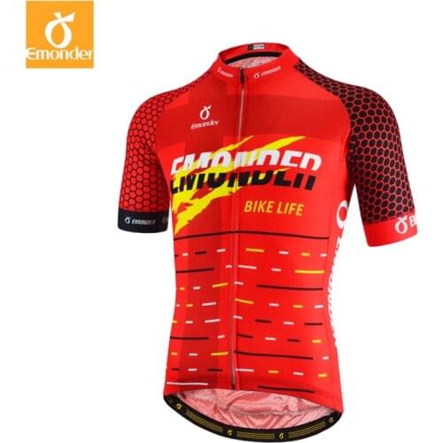 EMONDER Pro Team Mens Cycling Jersey Breathable Short Sleeve Summer Bicycle Bike Jersey Shirt Sport Wear Skinsuit Red Color