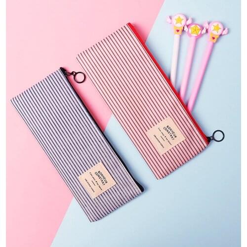 Cute Smiple Canvas Pencil Case School Bag Kawaii Stripe Pencil Box Case For Girls Boys Korean Stationery Office Supplies