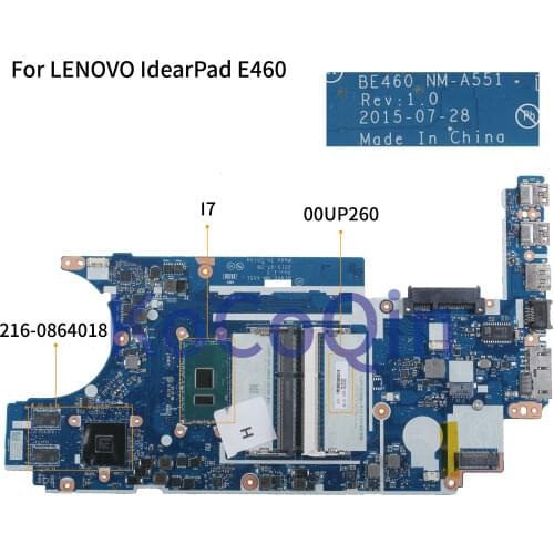 KoCoQin Laptop motherboard For LENOVO IdearPad E460 Core I7-6500U Mainboard BE460 NM-A551 00UP260 SR2EZ CPU 216-0864018