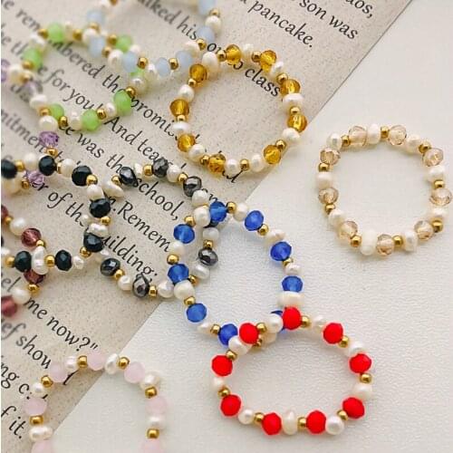 POMLEE Bohemia Colorful Natural Stone Rings for Women Irregular Pearl Rings with Glass Stainless Steel Beads Fashion Jewelry Hot
