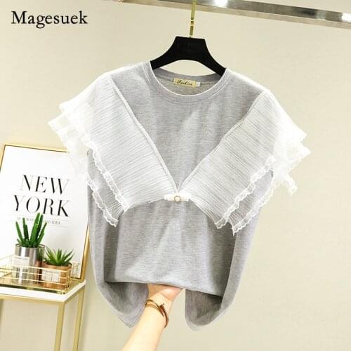 Korea O-neck Gauze Lace Plus Size Tops for Women Summer 2021 Women Solid Cotton Shirt Office Lady Loose Grey T-Shirt Blusa 15463