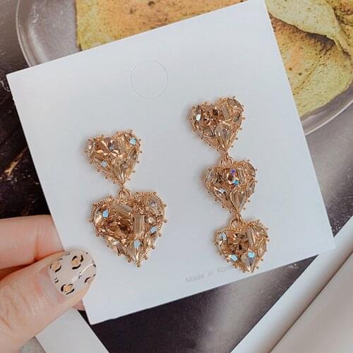 Korean Purple Rhinestone Love Heart Flower Dangle Earrings Long Water Drop Crystal Jewelry Pendientes For Women Tassel Brincos