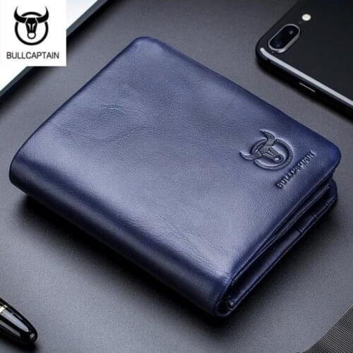 BULLCAPTAIN male Short Trifold Hasp Zipper Wallet MEN Cow Leather Fashion Wallet Coin Pocket Money Purse Bag Card Holder