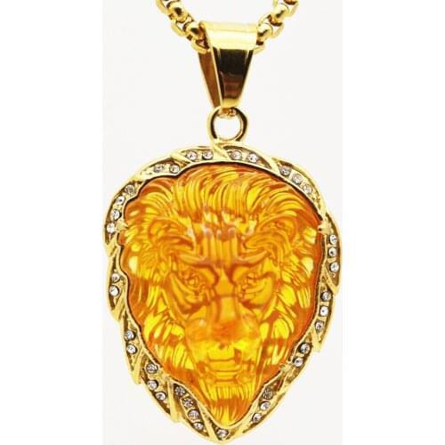 Hot sale micro-set Resin lion head hip-hop stainless steel pendant necklace mens luxury gold chain punk animal pendant jewelry
