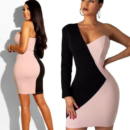 Summer Womens Fashion Long Sleeve Bandage Bodycon Patchwork One Shoulder Night Party Club Short Elegant Mini Dress