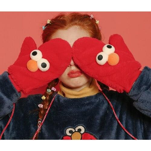 Cute Fully Lined Faux Fur Twist Mittens Gloves Full Finger Outdoor Warm Thicken Velvet Lanyard Wrist Sesame Street Big Eyes Red