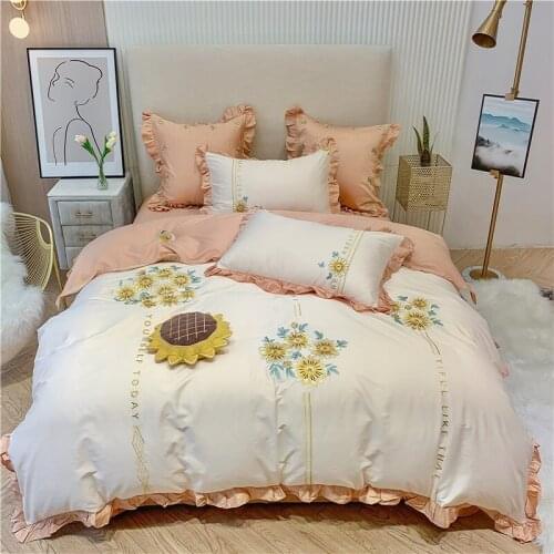 Soft Cozy Egyptian Cotton Sunflower Flowers Embroidery Princess Bedding Set Ruffles Duvet Cover Flat/Fitted Sheet Pillowcases