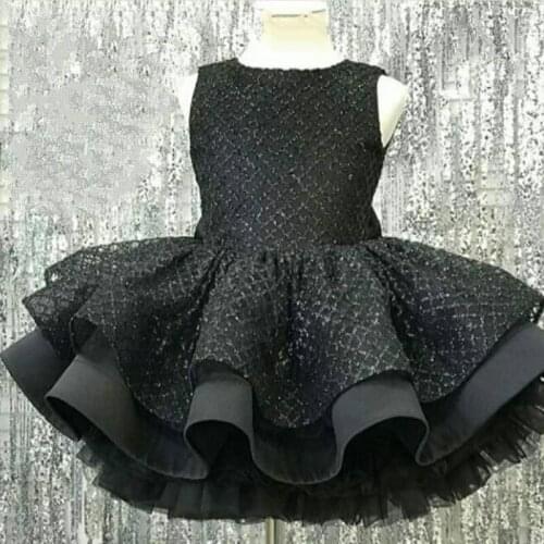 New Shiny Black Puffy Baby Girls Dresses Knee Length Communion Pageant Dresses Infant Girls Birthday Gowns 12M 18M 24M