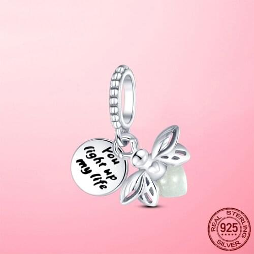 Hot New 925 Sterling Silver Glow-in-the-dark Firefly Dangle Charm Pendant fit for Original Pandora Bracelet Silver 925 Jewelry