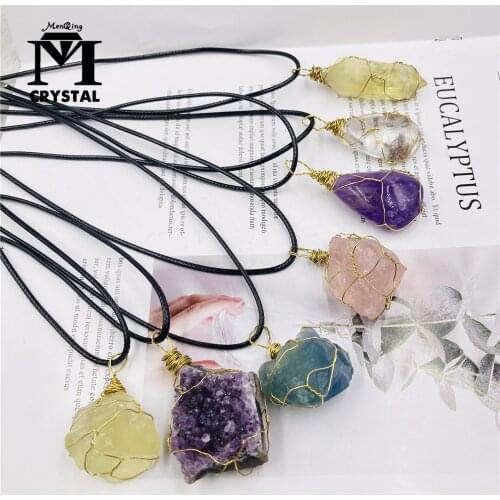 Natural Crystal Stone Copper Wire Wrap Necklace Amethyst Citrine Quartz Healing Pendant Necklaces Adjustable Vintage Jewelry