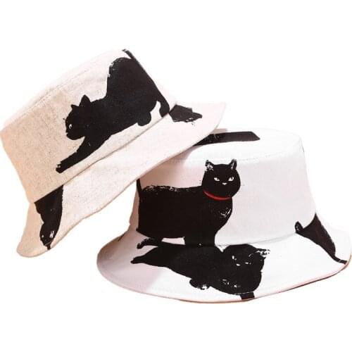 Cat Bucket Hat Print Panama Female Summer Fashion Protective Flat Cotton Adult Fishing Bob Hiking Climbing Woman Cap with Visor