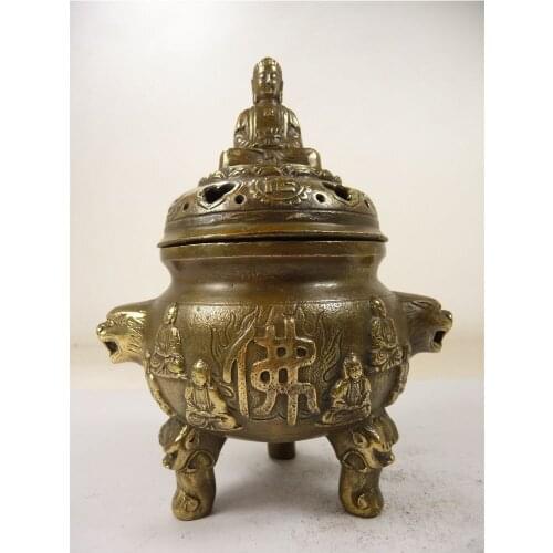 Elaborate Chinese folk collection Copper Buddha statue incense burner
