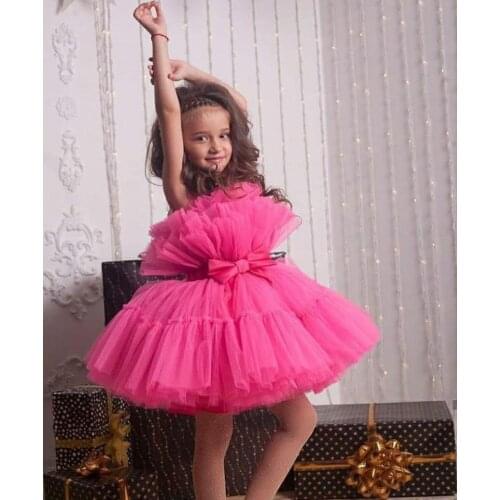 Puffy Hot Pink First Communion Dresses Girls vestido daminha Flower Girl Dress Tutu Tulle Birthday Girl Party Dress Knee Length