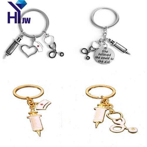HEYu Jewelry Doctor Tools Syringe Stethoscope Heart Keychain Physicail Medical Student Graduation Key Rings Doctor Nurse Gifts