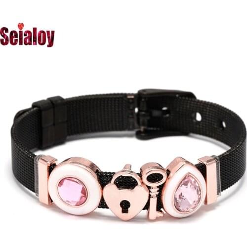 Seialoy Rose Gold Crystal Heart Beaded Key Charm Black Stainless Steel Mesh Bracelets For Women Fashion New Watch Belt Bracelet