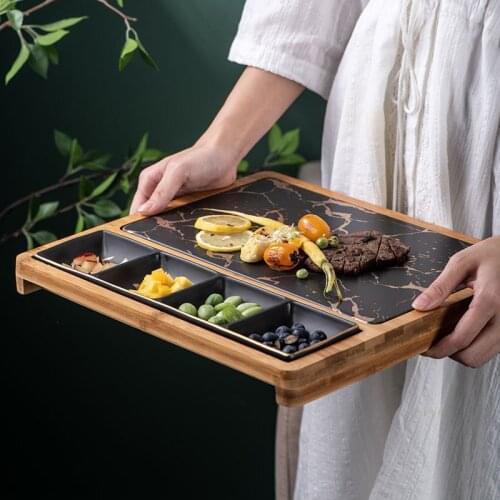 Nordic Restaurant Pizza Snack Plate Square Ceramic Service Plate Creative Marble Gold Pattern Western Dish with Grid Steak Plate