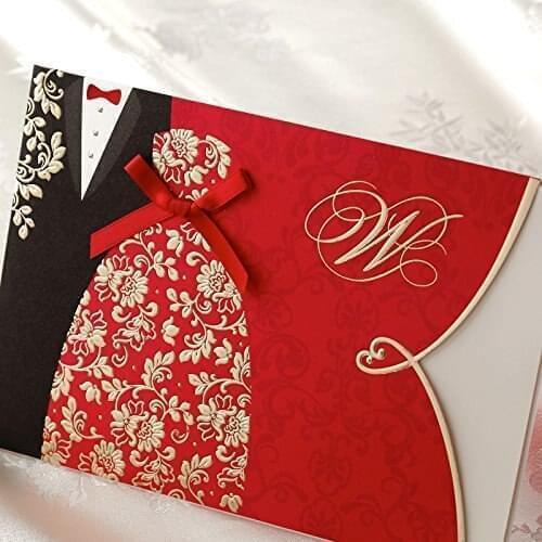 Wishmade Red Wedding Invitations Cards with Bride & Groom Dress Blank Invite Cards for Engagement Wedding,Customizable 20pcs