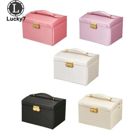 PU Leatherette Three Layer Makeup Case Travel Jewelry Organizer with Lock and Mirror Gift Box For Jewelry Storage Collection Box