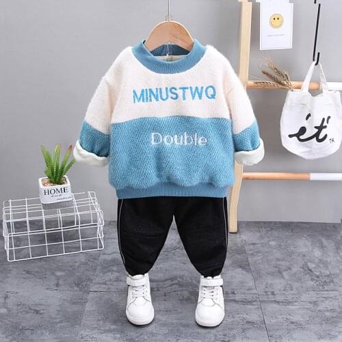 Winter Fashion warm Kids Cartoon Clothes Girls Boys Baby Thicken velvet outwear Pants 2Pcs/Sets Children Casual Cotton Tracksuit
