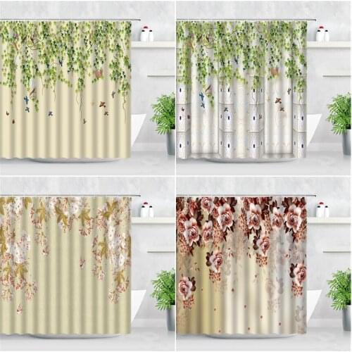 Waterproof Bathroom Curtains Flower Birds Green Leaves European Style Modern Home Wall Decor Polyester Fabric Shower Curtain Set