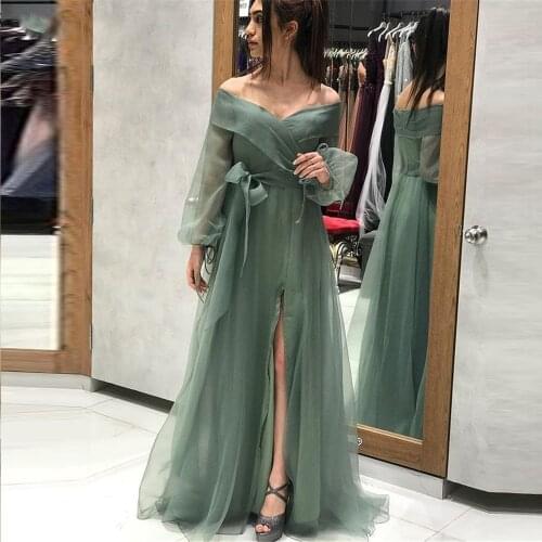 Green Organza Evening Dresses 2021 Off the Shoulder Puff Long Sleeves Prom Gown Simple Graduation Party Dress vestido de fiesta
