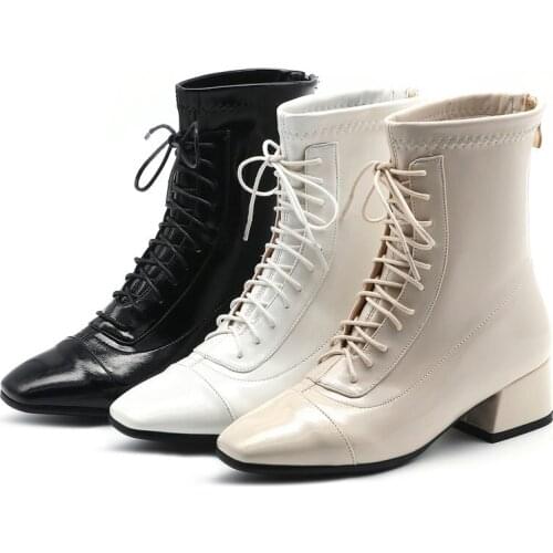 New Lace-up Ankle Boots Women Fashion Square Toe Mid Heels Boots Patent Leather Autumn Lady Shoes Zip Square Heel Winter Booties